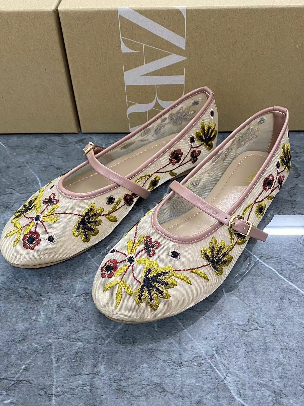 Women's Shoes Green Flower Embroidered Mesh Cloth Ballerina Flats New Guo Feng