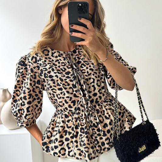 Women's Design Lace-up Bubble Sleeve Printed Blouse