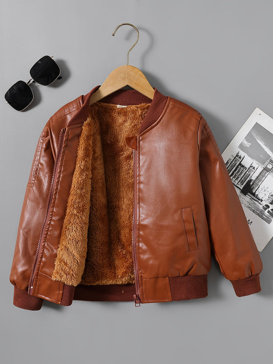 [Fleece-Lined Jacket] Cozy Fleece-Lined Boys' Zip-Up Jacket | Casual Stand Collar, Long Sleeve Outerwear for Fall/Winter