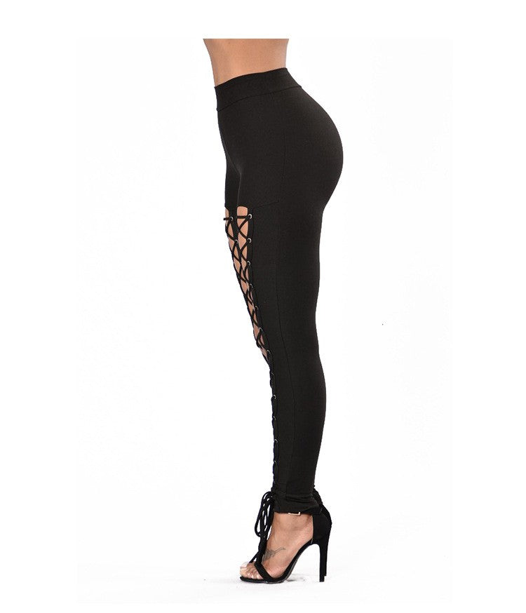 [Cropped High-Waist Leggings with Eyelet] Sexy Cross-Strap High-Waist Leggings with Eyelet Detail, Stretch Polyester Blend, Solid Color Cropped Pants for Women - Perfect for Fall/Spring
