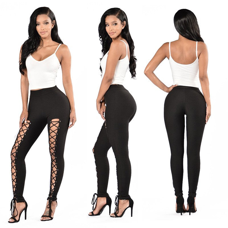 [Cropped High-Waist Leggings with Eyelet] Sexy Cross-Strap High-Waist Leggings with Eyelet Detail, Stretch Polyester Blend, Solid Color Cropped Pants for Women - Perfect for Fall/Spring