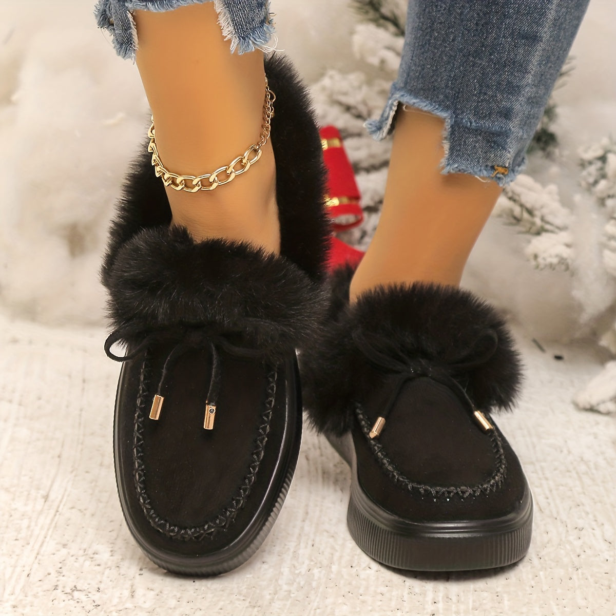 [Pink Faux Fur Boots] Vibrant Pink Plush Faux Fur Women's Ankle Boots | Slip-On Snow Boots with Round Toe, Soft Fabric Upper & Lining, Non-Slip Rubber Sole - Plus Size Available for Cold Weather Comfort