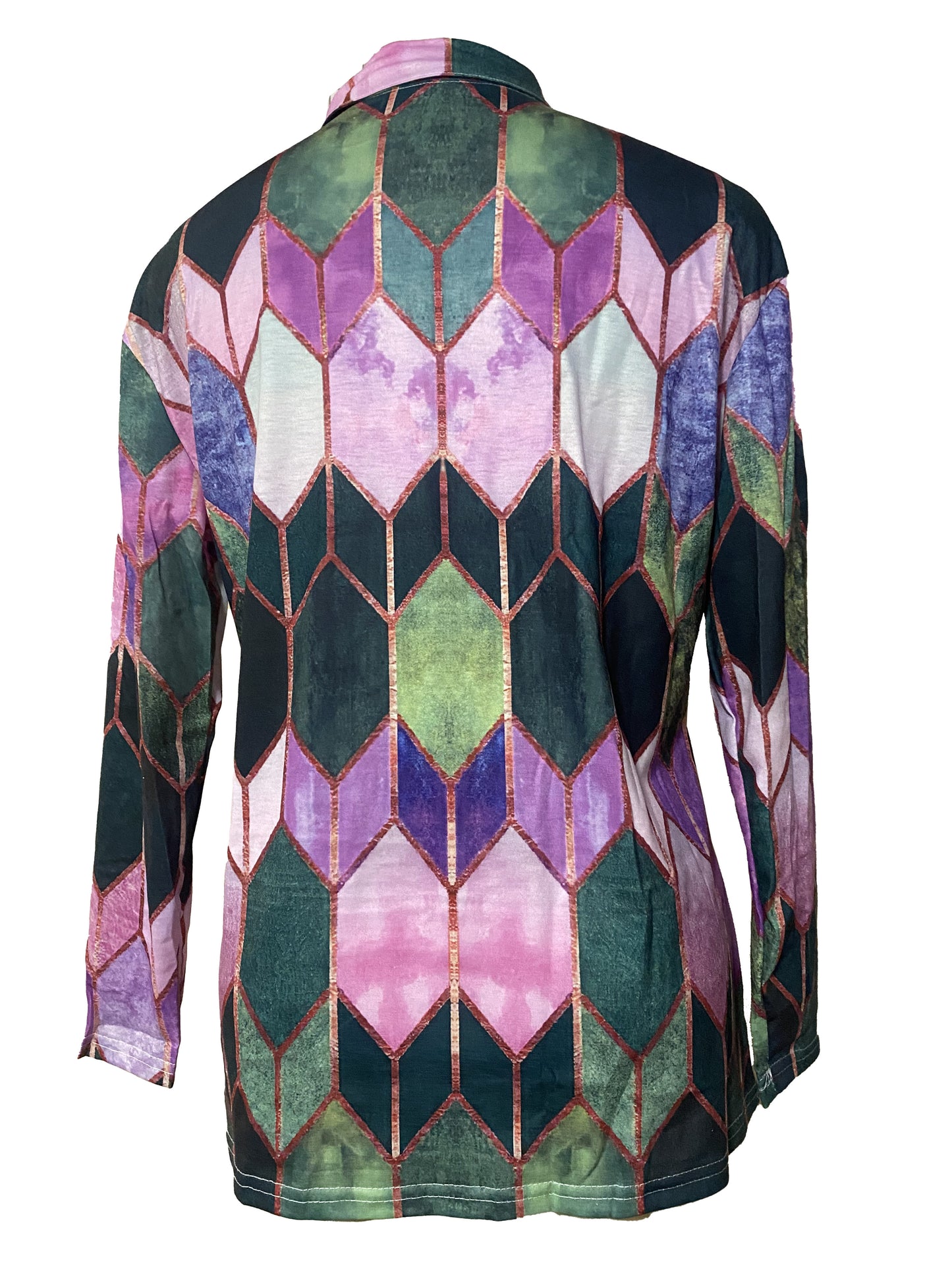 [Stretchy Shirt] Comfortable Stretchy Geometric Zip-Up Long Sleeve Shirt | Colorful Polyester Blend, Machine Washable - Casual Style for All Seasons