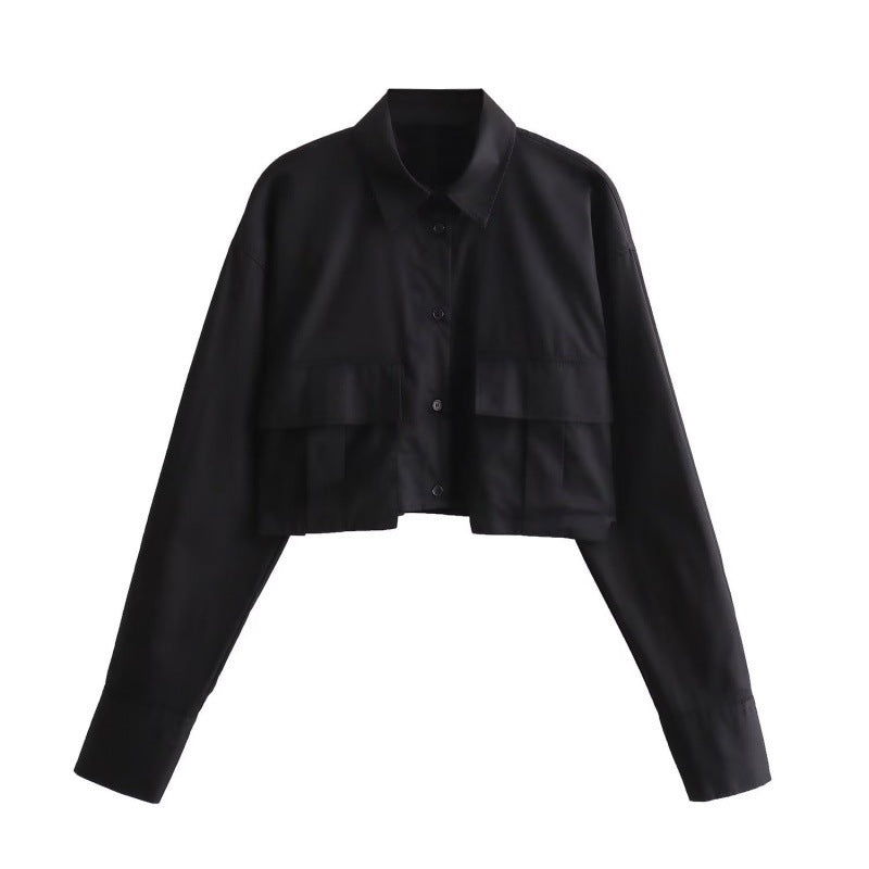 Solid Color Polo Collar Single-breasted Long Sleeve Pocket Trim Short Shirt