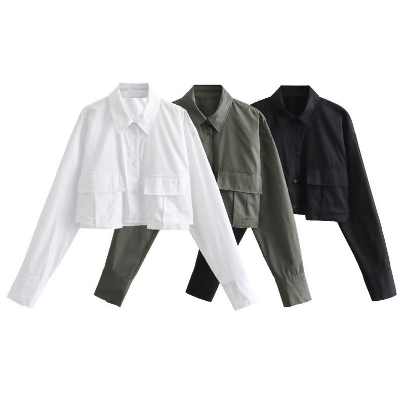 Solid Color Polo Collar Single-breasted Long Sleeve Pocket Trim Short Shirt