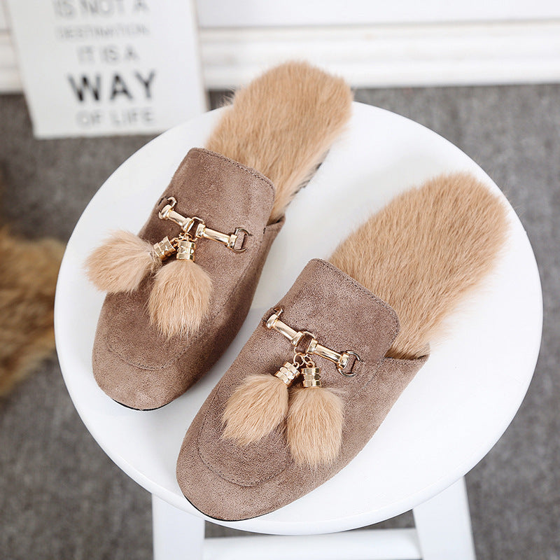 Rabbit Fur Suede Half Slippers Leather Fur Ball Flat Fur Shoes