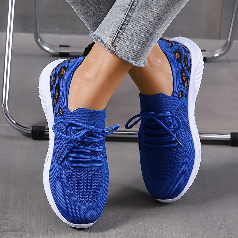 Women's Casual Sneakers, Flying Woven Leopard Pattern Breathable Lace-up Running Shoes, Women's Footwear plus size