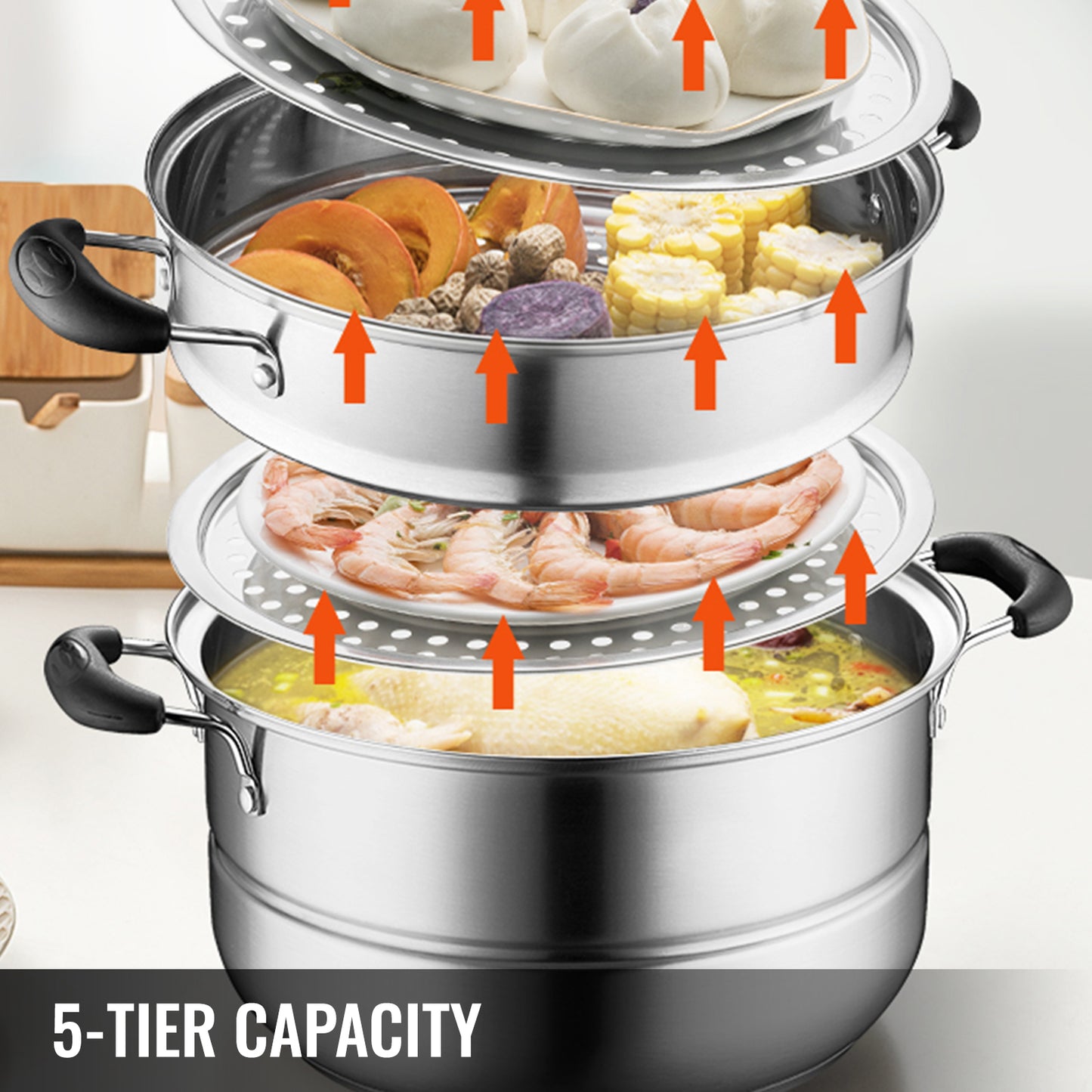 SucceBuy 5 Layer Food Steamer 28-30cm Stainless Steel Stock Pot for Home Steaming Dumplings Vegetables Rice Cooking Steamed Dish