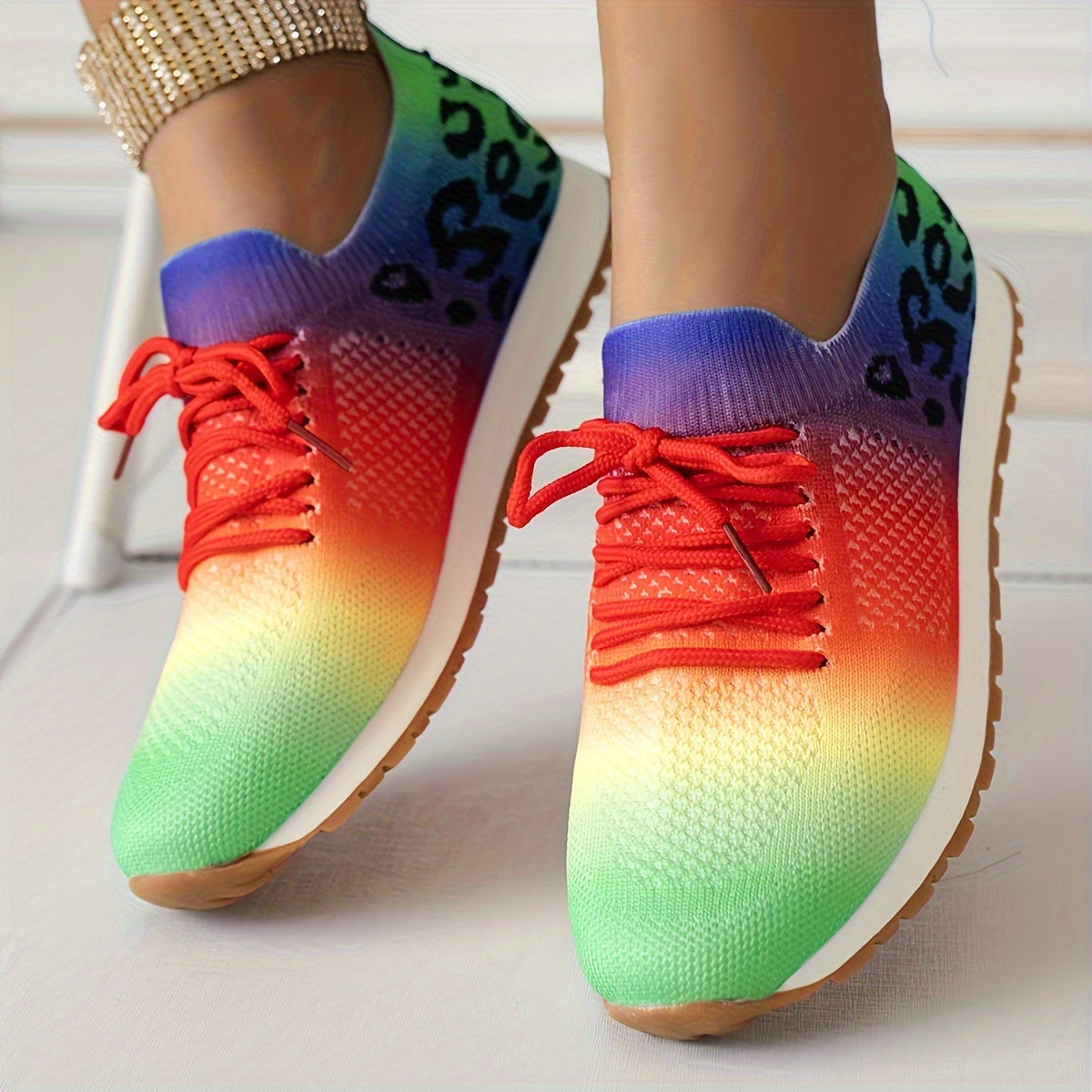 Women's Casual Sneakers, Flying Woven Leopard Pattern Breathable Lace-up Running Shoes, Women's Footwear plus size