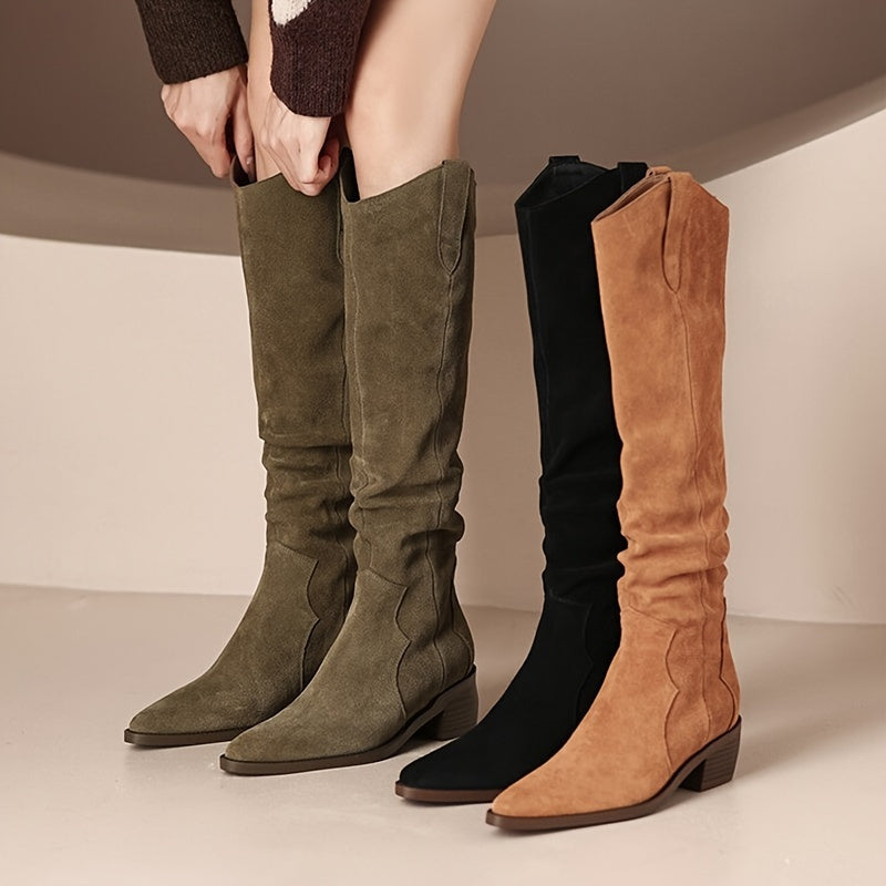 Women's Vintage Western Cowboy Boots - Knee-High Pull-On Boots with Chunky Heels, Slip-Resistant PU Outsole - Western Booties for Women, Country Western Events & Everyday Outfits - by Ylxhoa, Cowboy Accessories, Casual Wear,